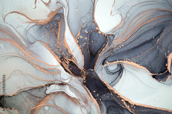 Fototapeta High resolution. Luxury abstract fluid art painting in alcohol ink technique, mixture of black, gray and gold paints. Imitation of marble stone cut, glowing golden veins. Tender and dreamy design.