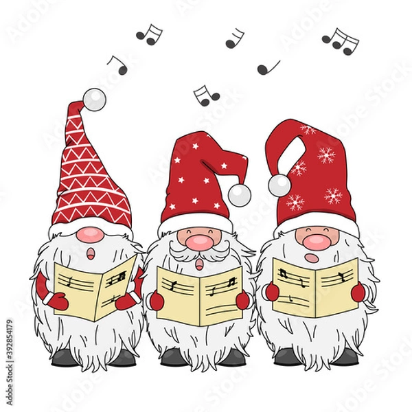 Obraz Christmas card. Three gnomes singing. Isolated vector
