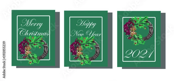 Fototapeta New year. Christmas. Winter holidays.A set of postcards, banners.The year of the white metal bull. Tree, wreath, boxes with gifts, snowflakes. The word, text. Isolated vector objects.