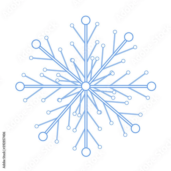 Fototapeta Flat vector illustration of blue snowflake. Isolated outline of snow for logo, icon, banner, background. Winter design.