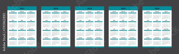 Fototapeta Calendar 2021, 2022, 2023, 2024, 2025 week starts Monday. Vector calendar template design.