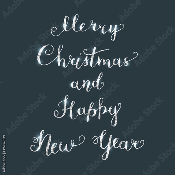 Fototapeta Lettering "Merry Christmas and Happy New Year". Silver glittering texture. New Year, Christmas banner. Vector illustration EPS 10