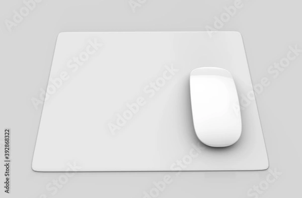 Fototapeta Blank white mouse pad with computer mouse for branding and design presentation. 3d render illustration.