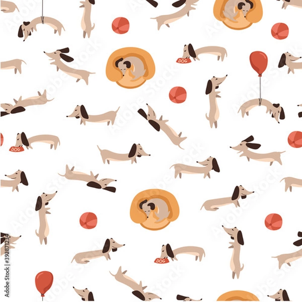 Fototapeta Children's seamless pattern with Dachshund dogs on white background in cartoon style. Cute texture for kids room design, Wallpaper, textiles, wrapping paper, apparel. Vector illustration