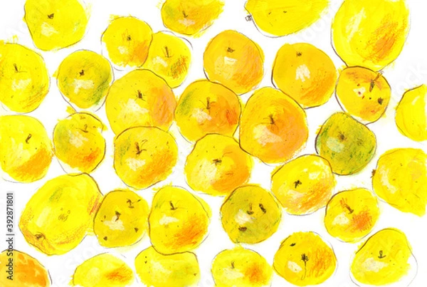 Obraz yellow apples, background image, hand drawn sketch in gouache and colored pencils
