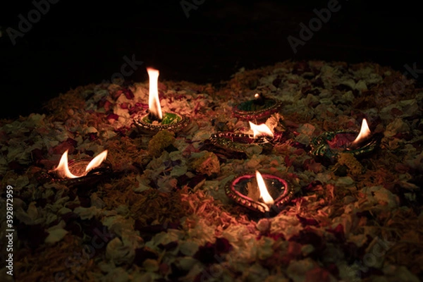 Obraz Floor decorated with diyas and flowers on the occasion of diwali