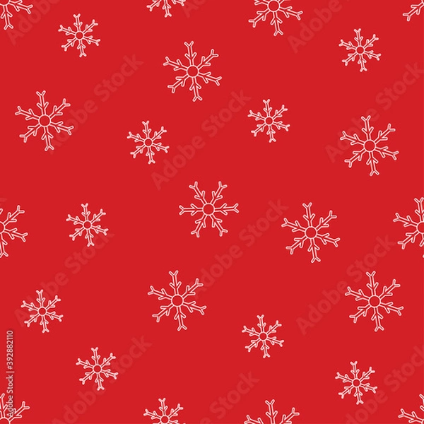 Fototapeta Christmas seamless pattern. White snowflakes on the red background.