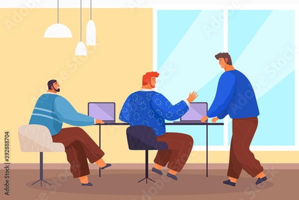 Fototapeta Men at the table in business meeting in office, discussing he project, laptops on the table. Modern office, panoramic window, ceiling lighting. Negotiations, disputes, teamwork. Flat Vector Image
