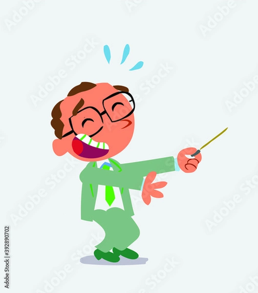 Obraz cartoon character of businessman laughs while pointing to the side with a pointer