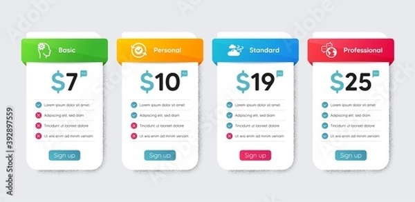 Fototapeta Business icons set. Price table chart, business plan template. Included icon as Security confirmed, Engineering, World communication signs. Windy weather flat icons. Vector