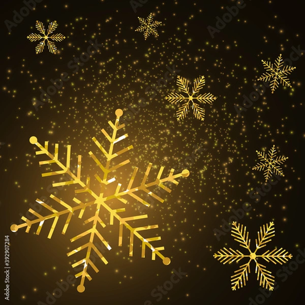 Fototapeta Golden shiny snowflake on black background. Glittering xmas snowflake holiday card. Vector illustration.