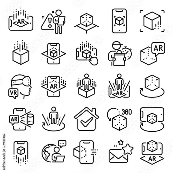 Fototapeta Augmented reality line icons. VR simulation, Panorama view, 360 degree. Virtual reality gaming, augmented, full rotation arrows icons. 360 vr tour, virtual simulation device. Line icon set. Vector