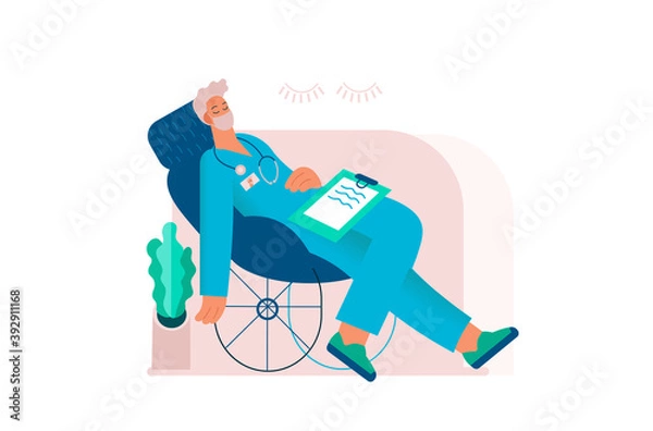Obraz Tired overworked doctor or nurse sleeping in a chair. Exhausted Healthcare worker. Coronavirus pandemic, Covid-19 quarantine.