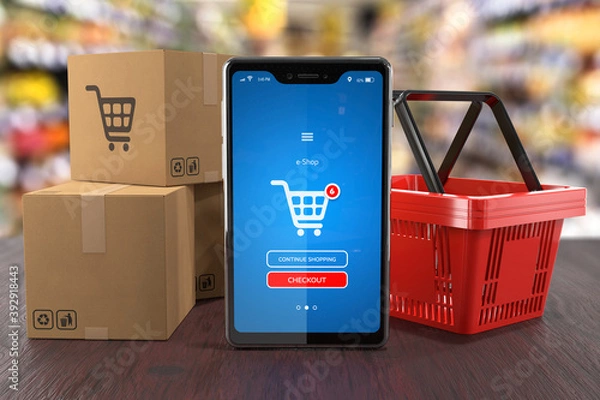 Fototapeta Smartphone with shopping app, shopping cart and boxes on table - 3d illustration