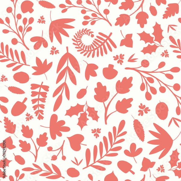 Fototapeta Woodland leaves and berries silhouette pattern background. Tossed Autumn vector seamless repeat design.