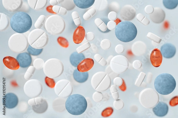 Fototapeta Medical background of floating multicolored pills