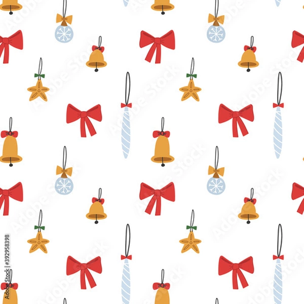 Fototapeta Seamless pattern of jingle bells, red bows and other christmas toys  isolated on white background in traditional christmas colors. For greeting card, wrapping paper and another print design.
