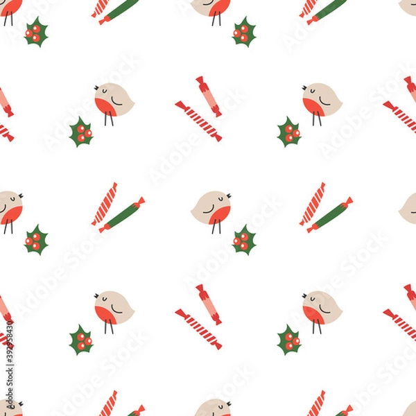 Fototapeta Seamless pattern of bullfinch bird, holly tree and christmas candy isolated on white background in traditional christmas colors. For greeting card, wrapping paper and another print design.