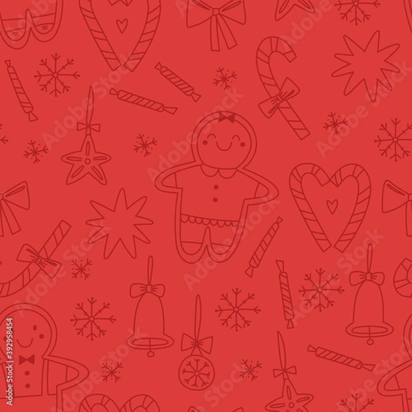 Fototapeta Seamless pattern of different elements - christmas gingerbread, christmas candy, christmas toys and jingle bells isolated on red background. For greeting card, wrapping paper and another print design.