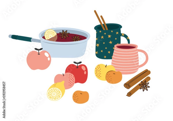 Fototapeta Illustration of mulled wine ingredients - wine, apples, cinnamon, oranges, and another, isolated on beige checkered seamless pattern. For greeting card, wrapping paper and another print design.