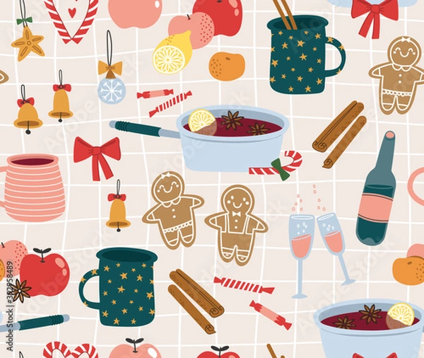 Fototapeta Seamless pattern of mulled wine ingredients - wine, apples, cinnamon, oranges, and another, isolated on beige checkered seamless pattern. For greeting card, wrapping paper and another print design.