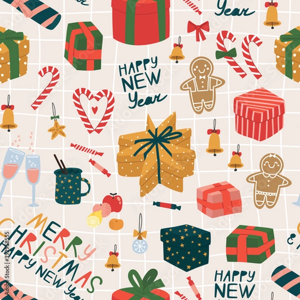 Fototapeta Seamless pattern of different form gifts with candies in traditional christmas color - red, green, blue and yellow. Hand-drawn vector illustration and lettering "Merry Christmas and Happy New Year"