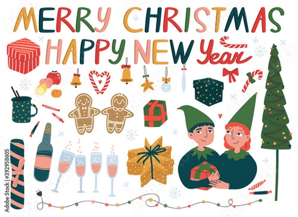 Fototapeta Vector illustration of collection of christmas elements for greeting card design. Hand drawn illustration in doodle style. In traditional christmas color - red, green, blue and yellow.