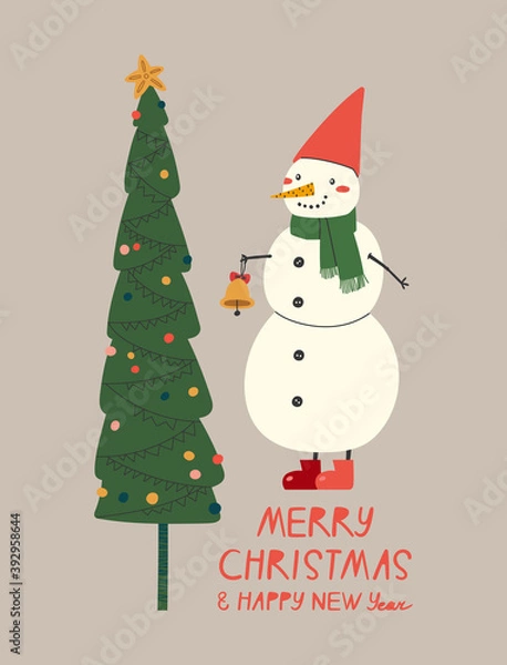 Fototapeta Vector illustration of christmas snowman in red cap with a christmas tree isolated on beige background. Hand-drawn vector illustration and lettering. For greeting card and another print design.
