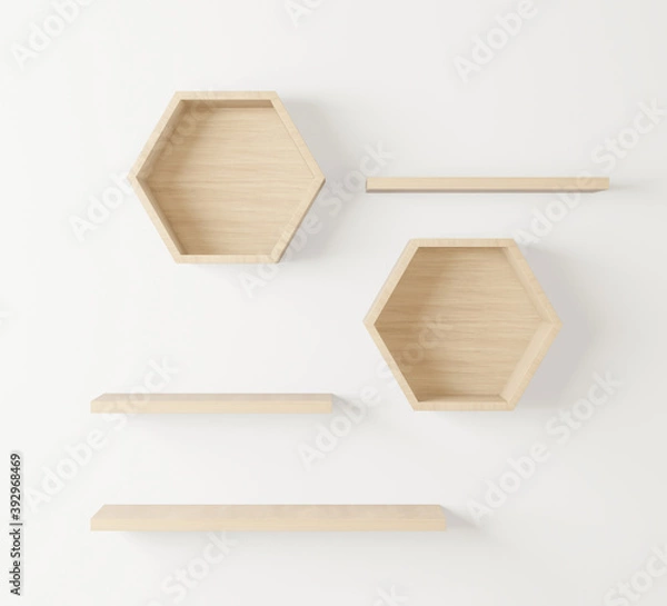 Fototapeta wooden Hexagon shelf and empty shelf, copy space, mock up, hexegon