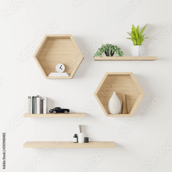 Fototapeta wooden Hexagon shelf little tree, books and toys copy space, mock up, hexegon