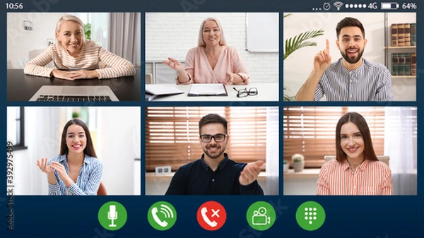 Fototapeta Colleagues using video chat, view from web camera. Team work