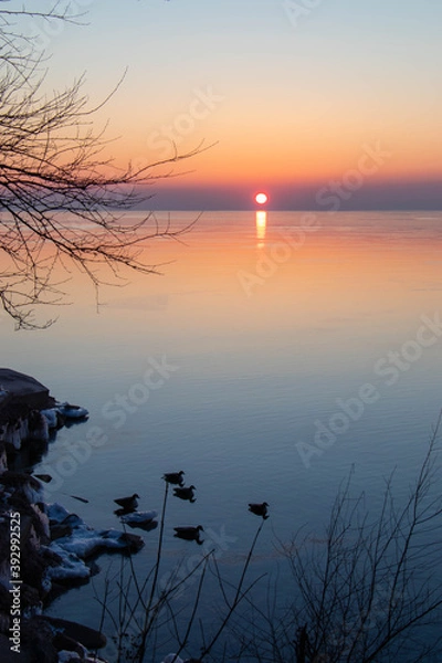 Obraz sunrise on the lake in winter