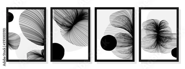 Fototapeta Set of 4 abstract creative line pattern background. Collection design of cover white and black. Scribble drawing. Distortion shape. Graphic elements for decor, posters, magazines. Vector illustration.