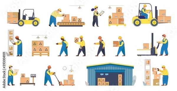 Obraz Container ship and warehouse workers. Loading, stacking goods with electric hand lifters and forklift truck