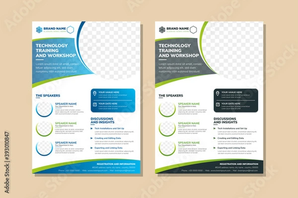 Obraz technology training and workshop flyer design template use vertical layout. Circle space for photo collage. Green and blue color of element variation which can be selected. white background.