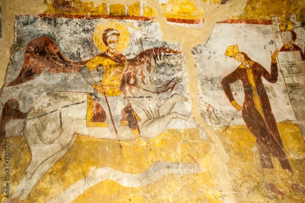 Obraz Fresco inside the chapel of St George in village of Adishi in Svaneti, Georgia. The frescos depict the life of St George.