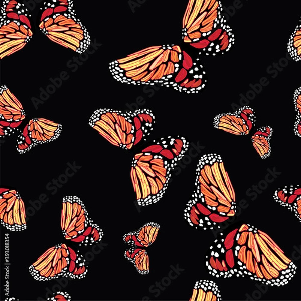 Fototapeta Vector Ornamental Seamless Pattern of Butterfly Wings with a Black Background. Design for Fabric or Wallpaper. Freehand Drawing. Fashion Print for Textile. Seamless Texture. Art Nouveau Style.