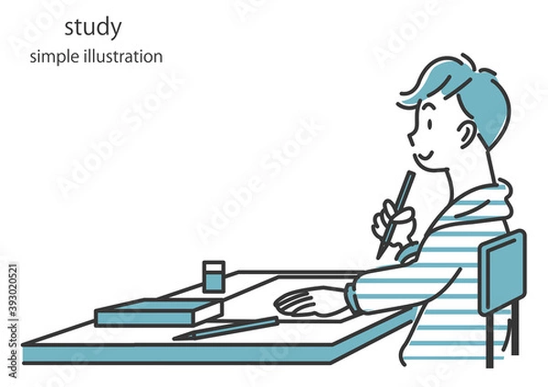 Fototapeta 楽しく勉強している男の子のイラスト　シンプルでおしゃれな線画