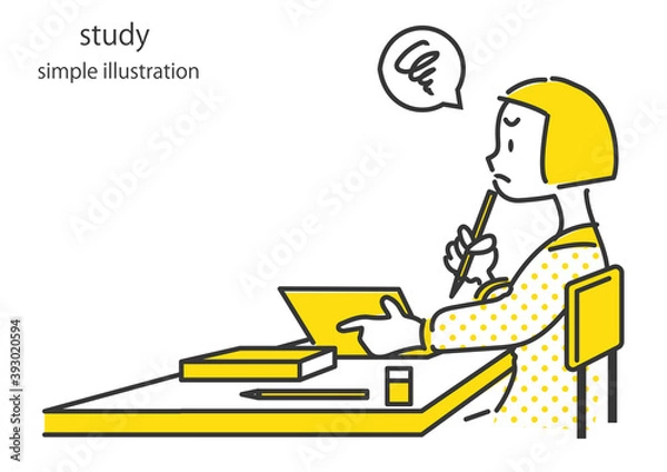 Fototapeta 勉強で困っている女の子のイラスト　シンプルでおしゃれな線画