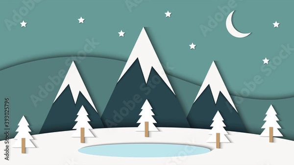 Fototapeta winter landscape background vector with paper cut style