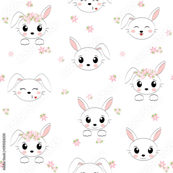 Fototapeta Simple pattern with a Bunny face with flowers on a white background. Vector illustration