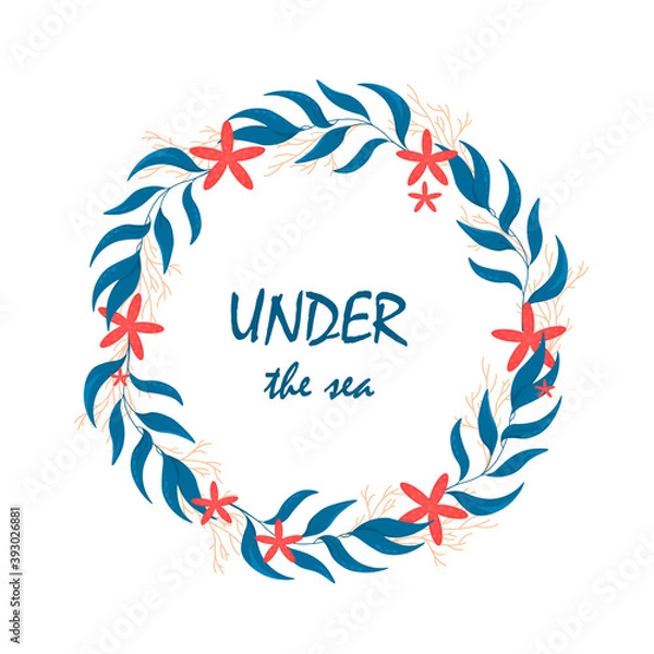 Obraz Vector seaweed wreath with sea stars. Cartoon sea life.