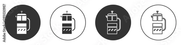 Fototapeta Black French press icon isolated on white background. Circle button. Vector Illustration.