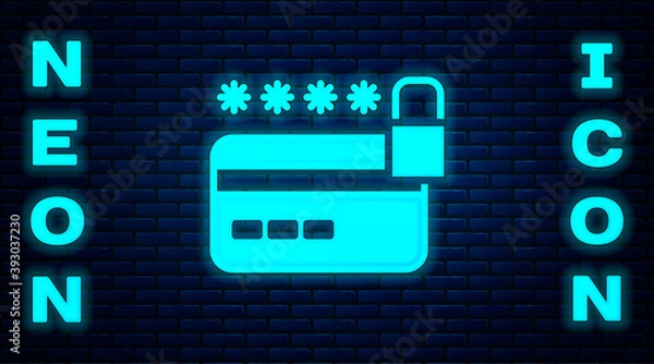 Fototapeta Glowing neon Credit card with lock icon isolated on brick wall background. Locked bank card. Security, safety, protection. Concept of a safe payment. Vector.