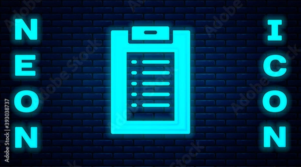 Fototapeta Glowing neon Medical clipboard with clinical record icon isolated on brick wall background. Health insurance form. Prescription, medical check marks report. Vector.