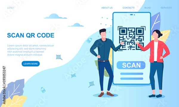 Fototapeta Scanning QR code on mobile phone, smartphone. Modern digital technology. Scanning quick code. Flat cartoon vector illustration with fictional characters. Website, webpage or landing page template
