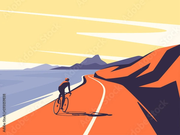 Fototapeta Vector illustration of a cyclist riding along the ocean mountain road