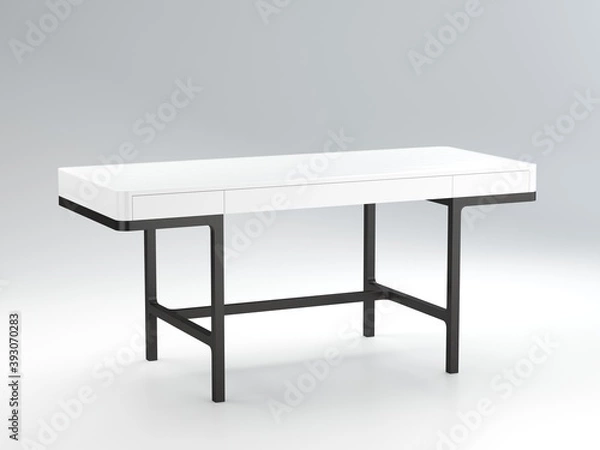Fototapeta Table with white top and black metal legs for work and study with closed pull-out shelves. 3D modeling and rendering of a computer minimalist table on a gray background. 3D rendering