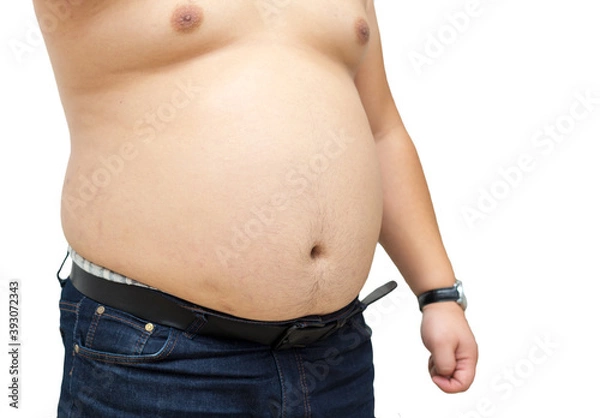 Obraz Fat man with a big belly on a white background. Diet