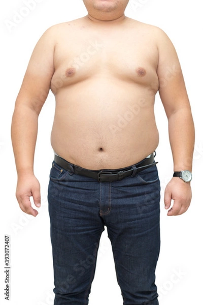 Obraz Fat man with a big belly on a white background. Diet